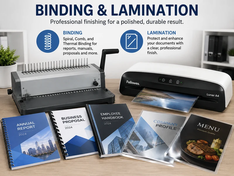 Binding and lamination equipment with professionally finished reports, manuals and documents