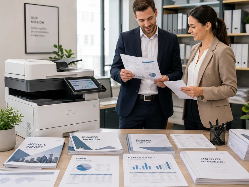 Business professionals reviewing printed office documents beside a professional printer
