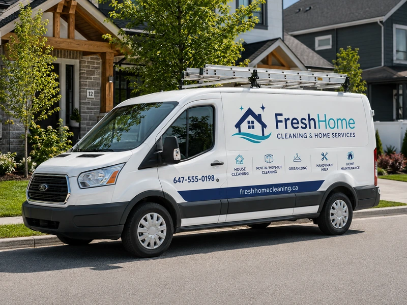 Cleaning and home services van with custom vehicle graphics, logo, phone number, website, and service icons in Toronto.