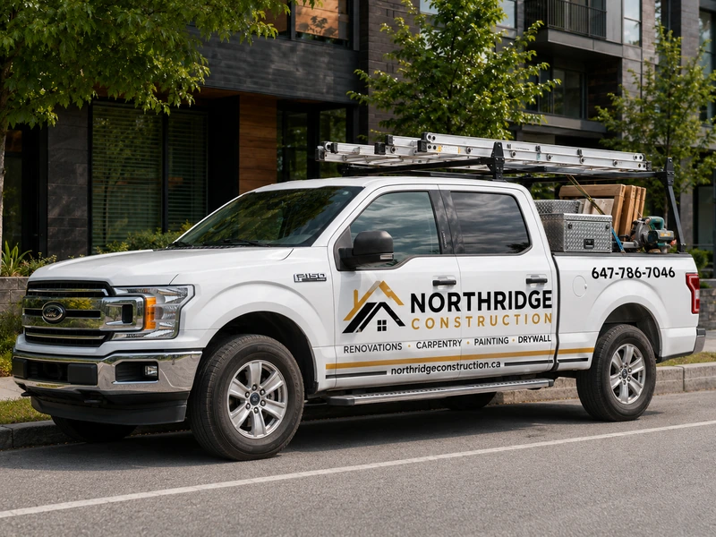 Contractor pickup truck with custom vehicle graphics, business lettering, logo, phone number, and trade services in Toronto.
