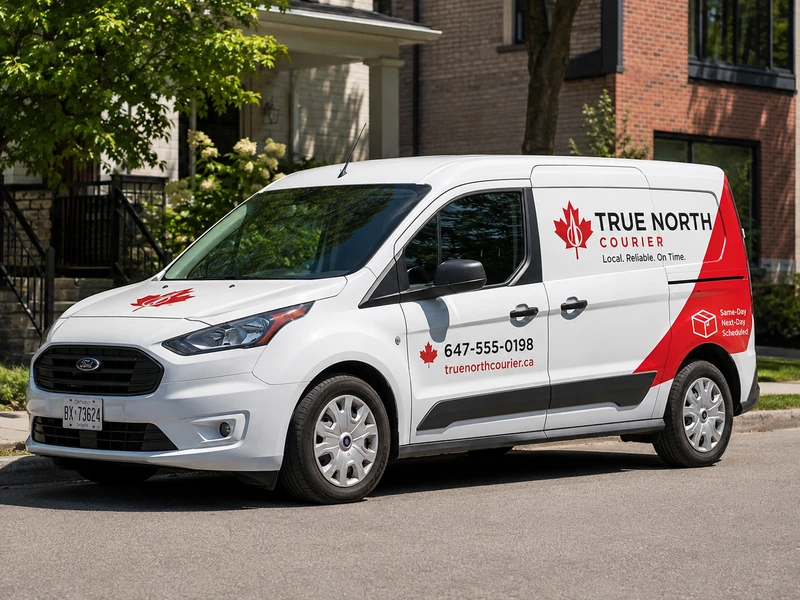 Delivery and courier van with Canadian-style vehicle graphics, logo, phone number, and service branding in Toronto.