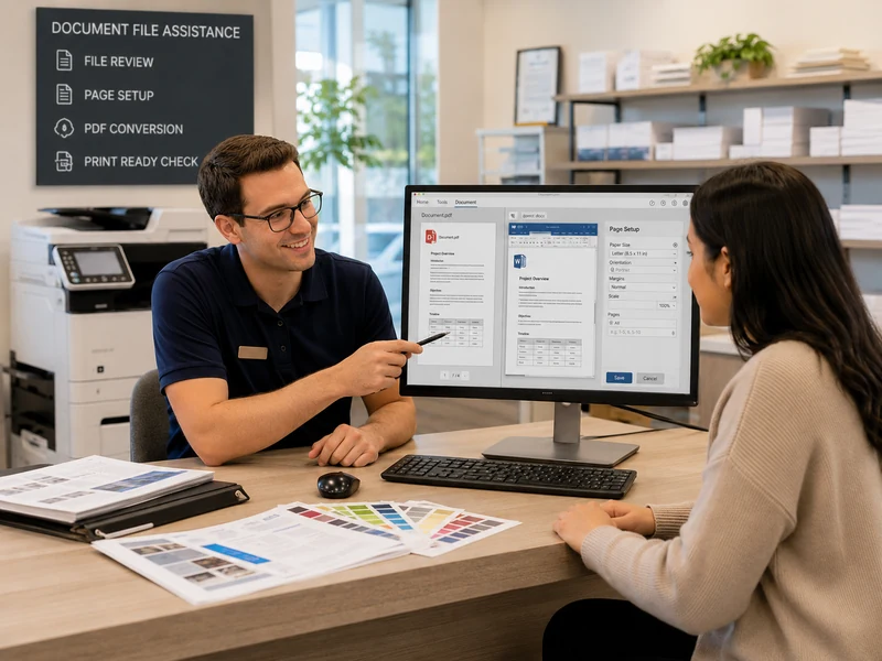 Staff member helping a customer prepare document files for professional printing