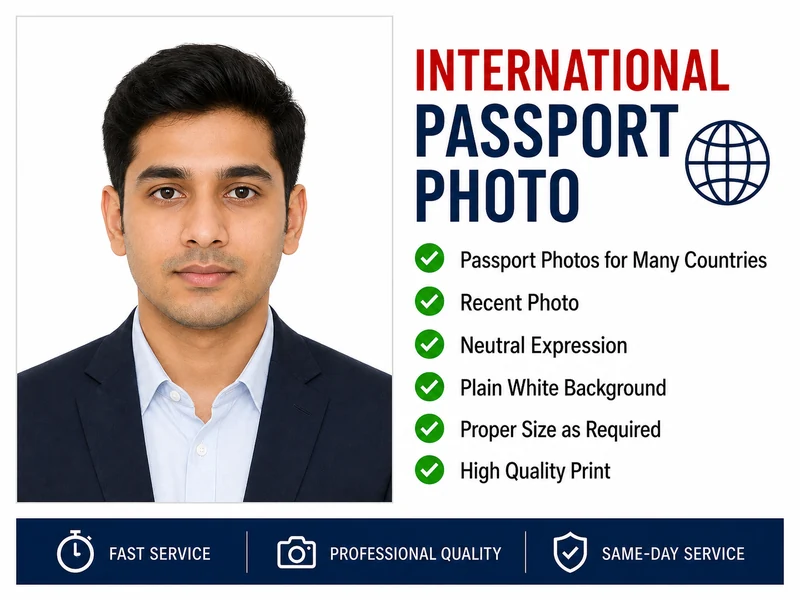 International passport photo service with professional passport-style portrait and worldwide photo requirements