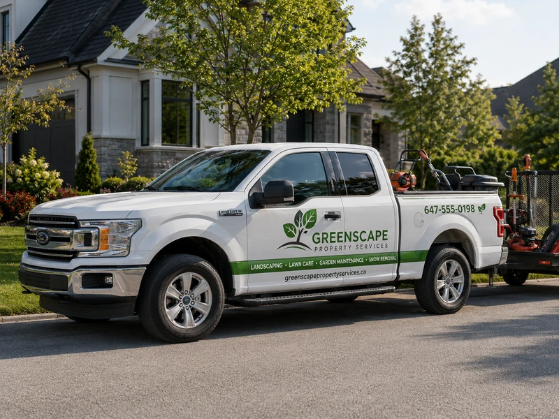 Landscaping and property services pickup truck with custom vehicle graphics, logo, phone number, and service branding in Toronto.