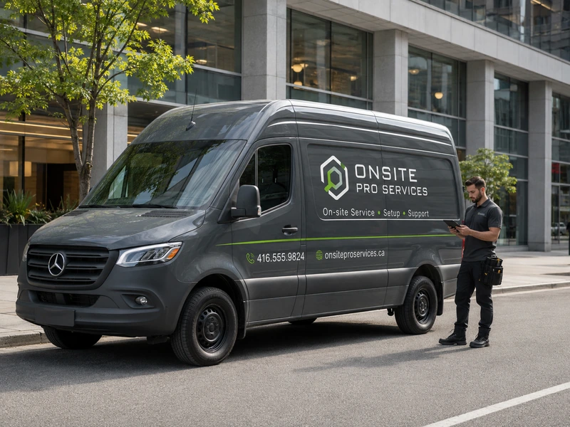 Mobile service business van with custom vehicle graphics, logo, phone number, website, and technician branding in Toronto.