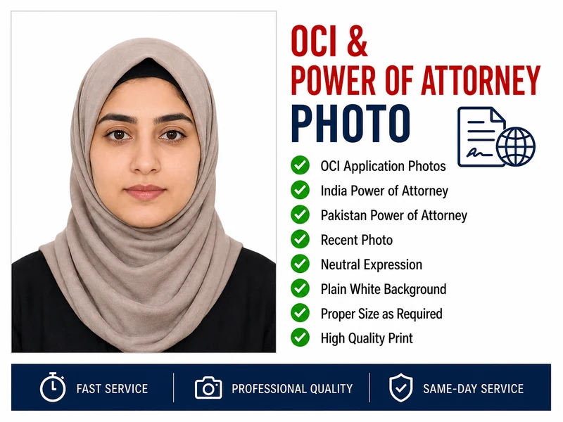 OCI and power of attorney photo service with Muslim Pakistani woman wearing hijab