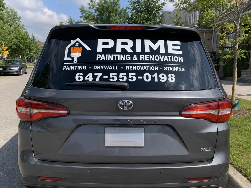 Painting and renovation services vehicle with rear-window business lettering, phone number, and service branding in Toronto.