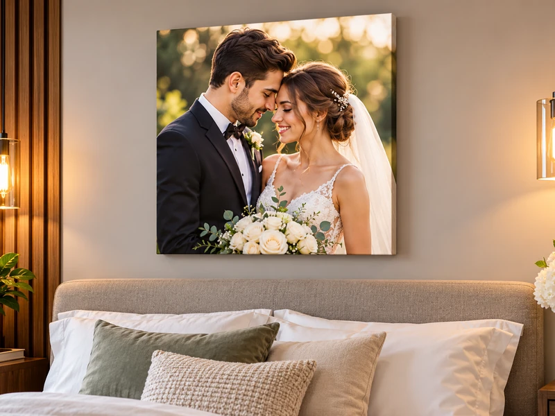Personalized wedding photo canvas displayed above a bedroom headboard