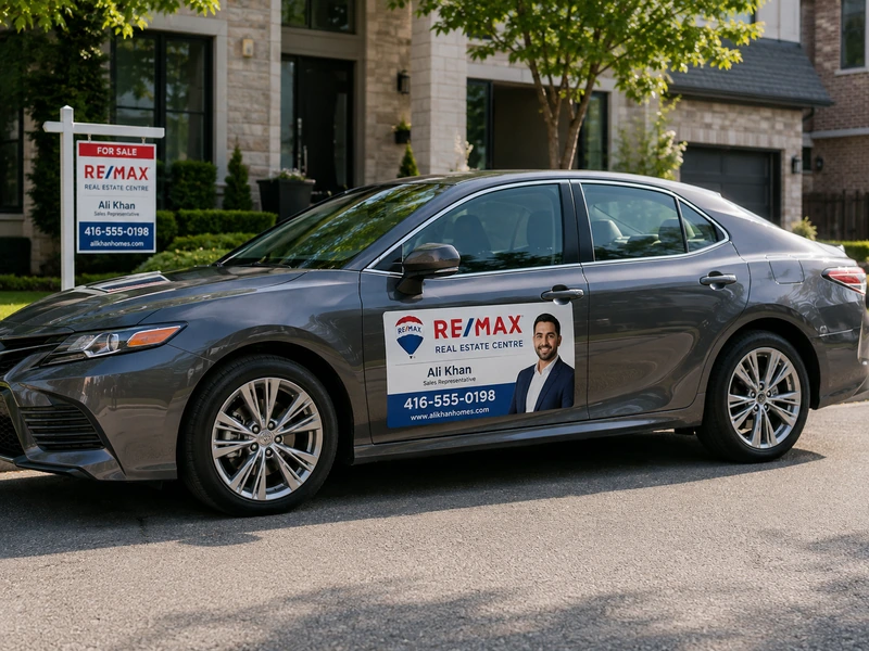 Real estate professional car magnet in Toronto featuring RE/MAX branding, agent contact information, and removable vehicle advertising.