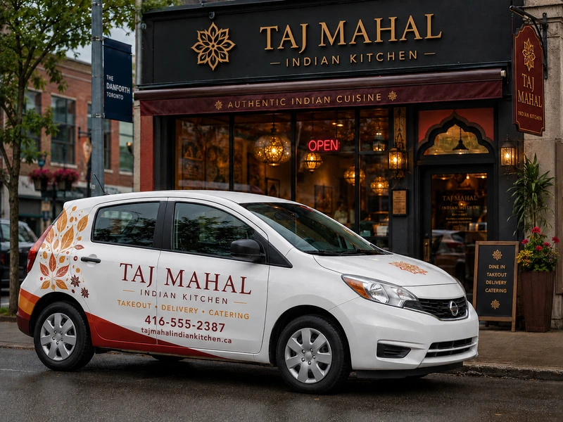 Indian restaurant delivery vehicle with custom vehicle graphics, business lettering, phone number, and catering branding in Toronto.