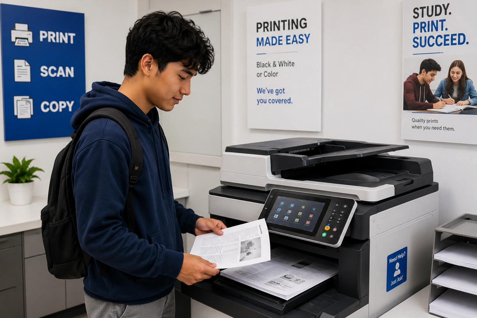 Student using a professional printer for document printing and copying