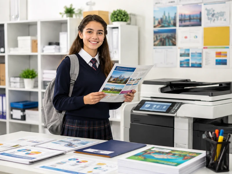 Student holding printed school materials beside a professional document printer