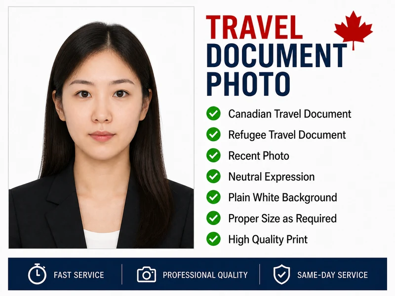 Travel document photos service with Chinese woman passport photo and Canadian travel document photo information