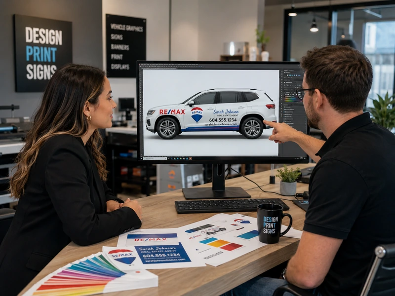 Graphic designer helping a real estate agent create custom RE/MAX vehicle graphics for an SUV in Toronto.