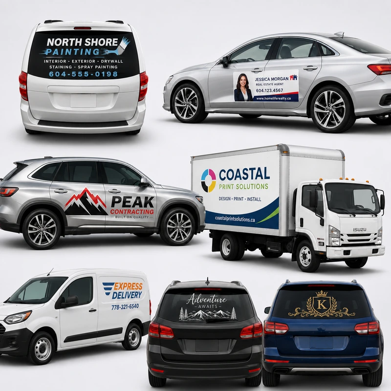 Vehicle graphics in Toronto featuring car magnets, vehicle lettering, truck graphics, van graphics, and rear-window decals.