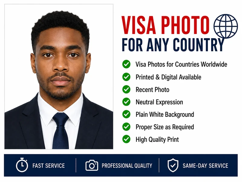 Visa photos for any country with professional passport-style portrait and worldwide visa photo service
