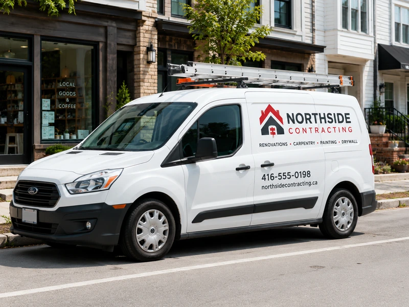 Professional vehicle graphics in Toronto on a contractor van with custom business lettering, logo, services, phone number, and website.